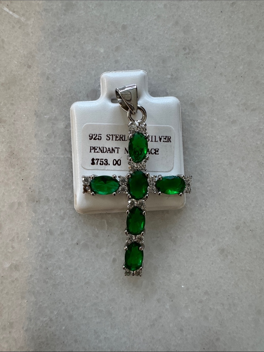 Sterling Silver Cross Necklace with Emerald Green Stones